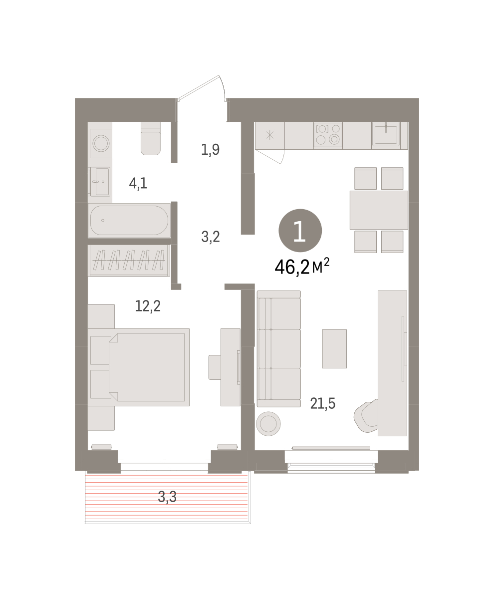 Планировка: Евродвушка 46.2 м² в ЖК На Минской, Центр: Драмтеатр