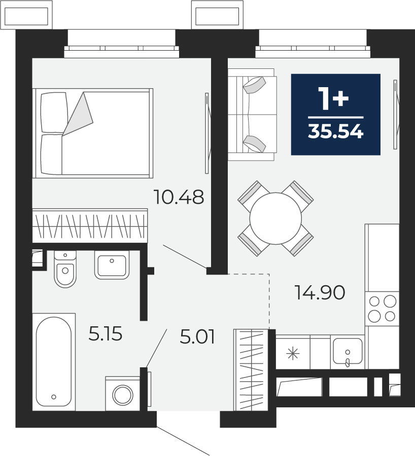 Планировка: Евродвушка 35.5 м² в ЖК Беринг, Лесобаза