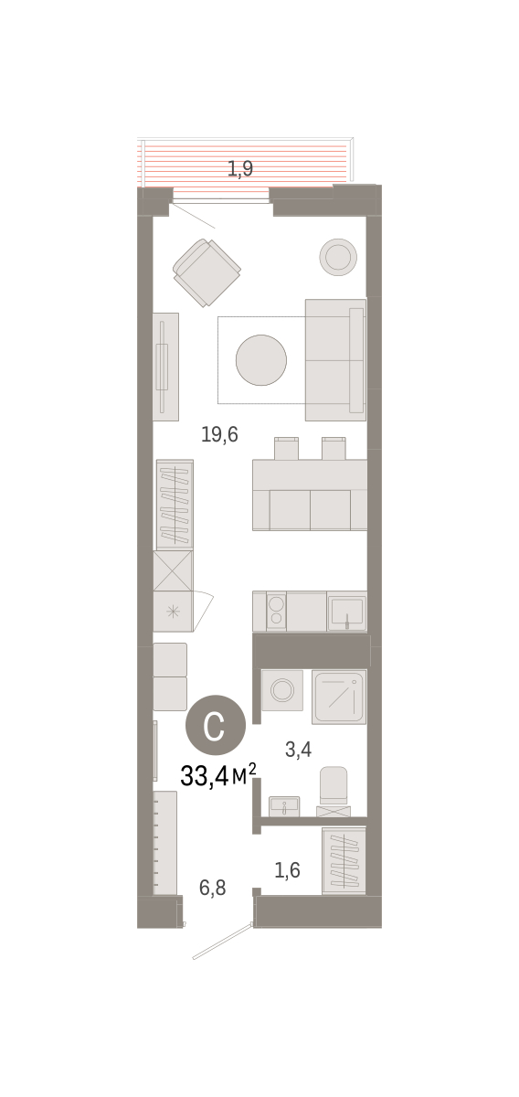Планировка: Студия 33.4 м² в ЖК Зарека, Заречный