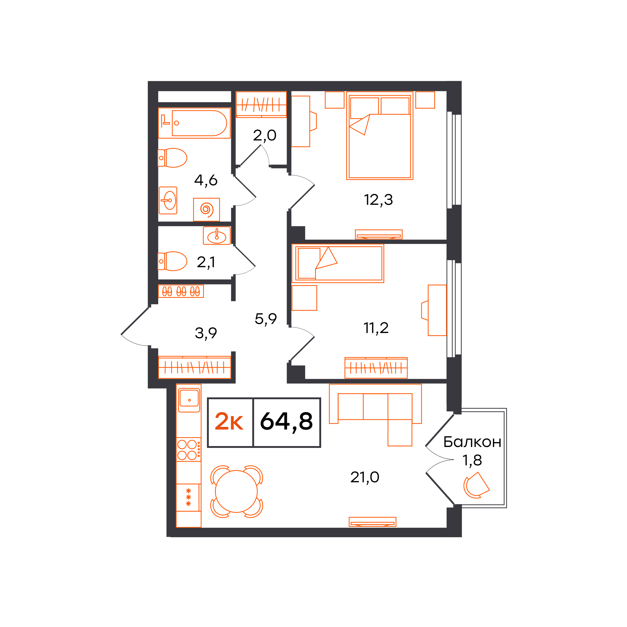 Планировка: Евротрешка 64.8 м² в ЖК Отличие, Комарово Парк