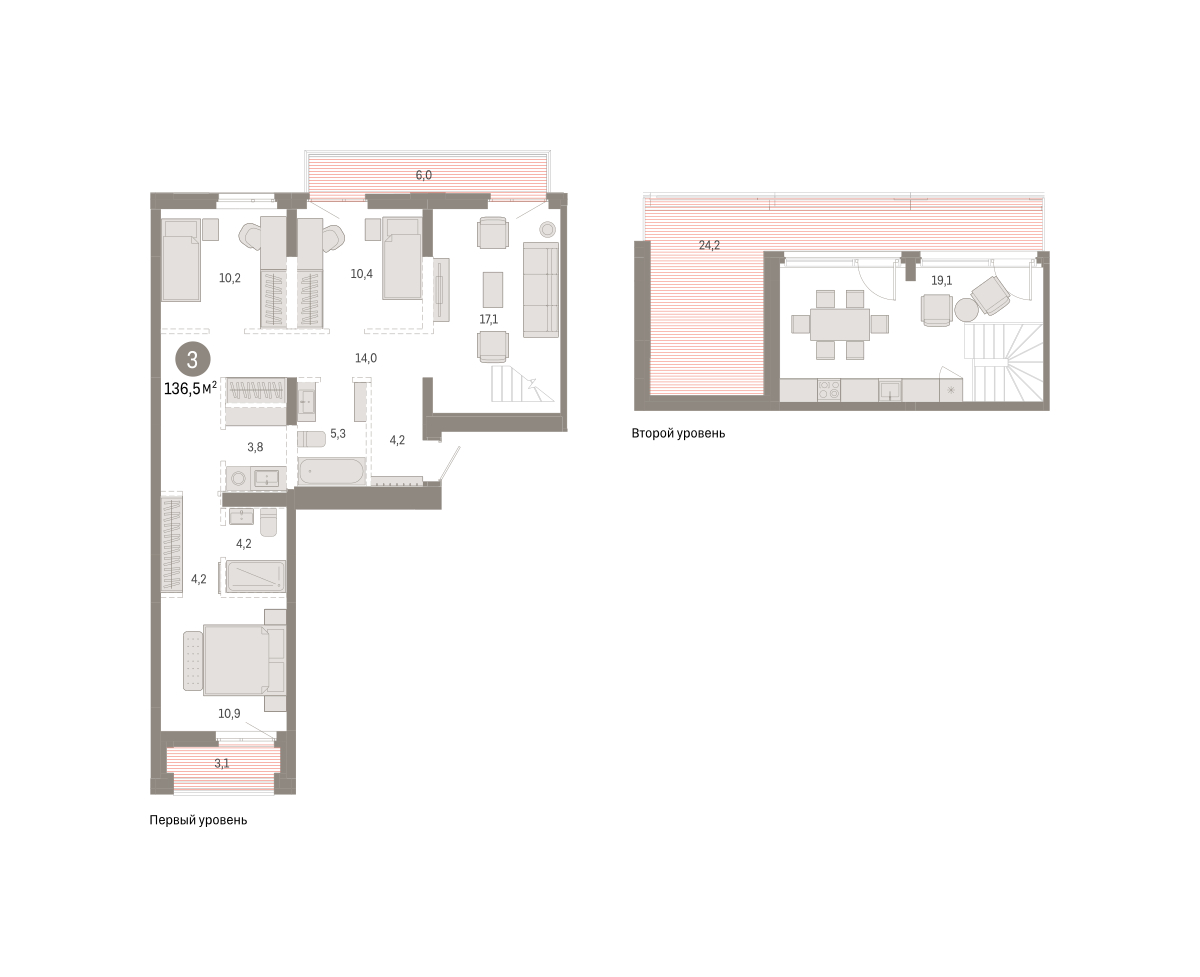 Планировка: 4-комнатная евро 136.5 м² в ЖК Республики 205, Центр: КПД