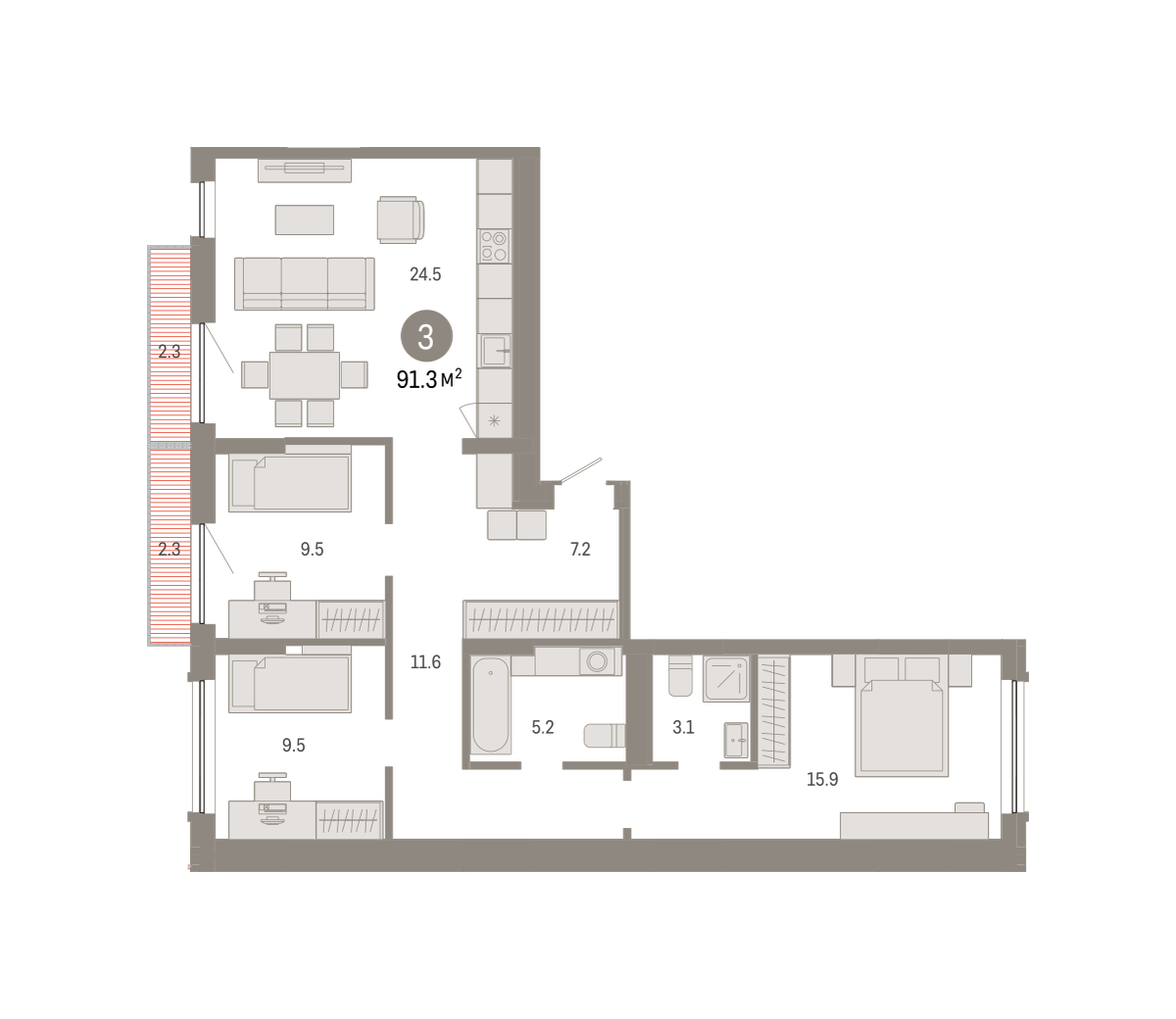 Планировка: 4-комнатная евро 91.2 м² в ЖК Октябрьский на Туре, ДОК