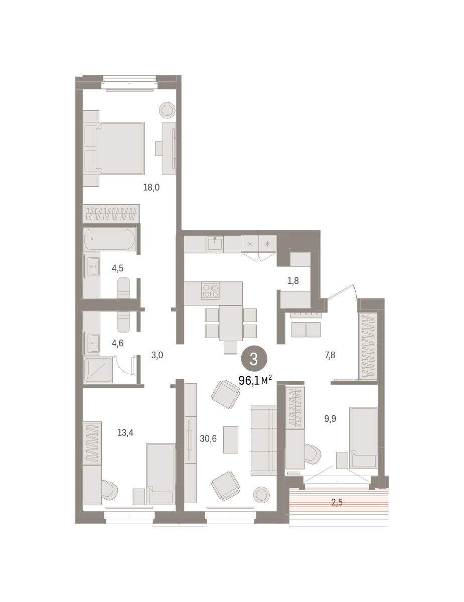 Планировка: 4-комнатная евро 96.1 м² в ЖК На Минской, Центр: Драмтеатр