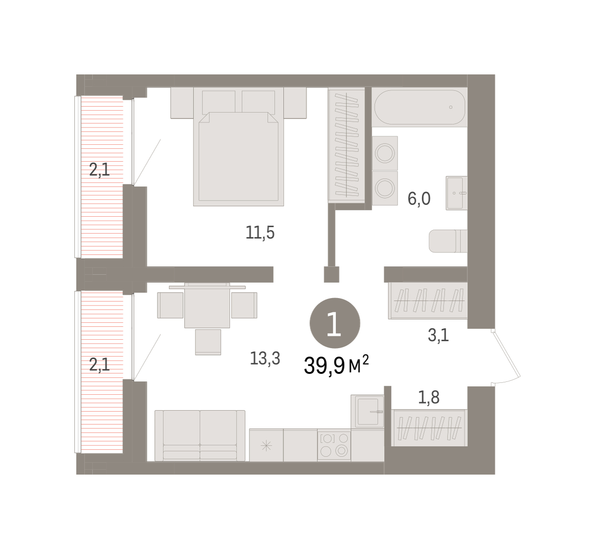 Планировка: Евродвушка 39.9 м² в ЖК Речной порт, Центр: Дом печати