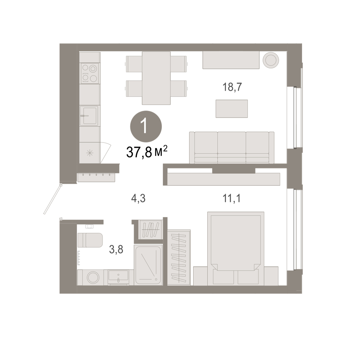 Планировка: 1-комнатная 37.8 м² в ЖК Октябрьский на Туре, ДОК