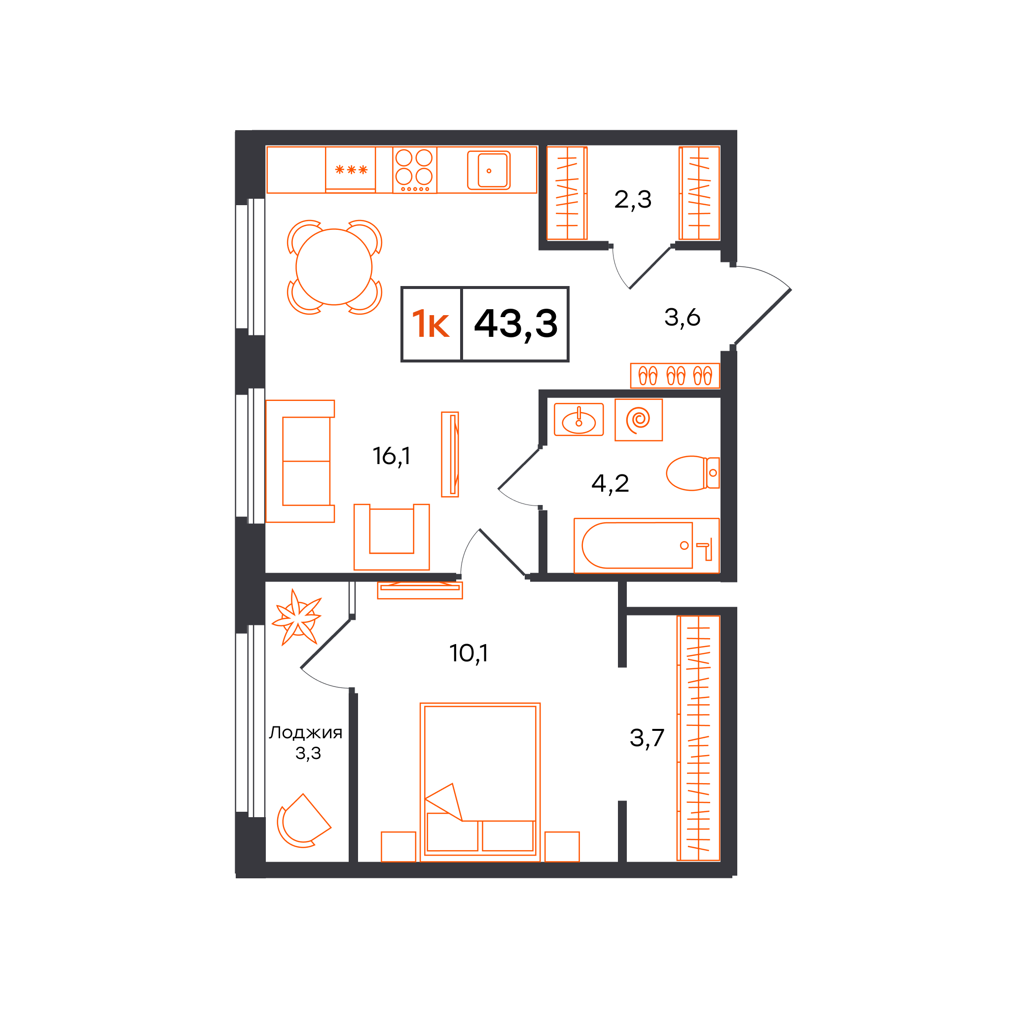 Планировка: Евродвушка 43.3 м² в ЖК Отличие, Комарово Парк