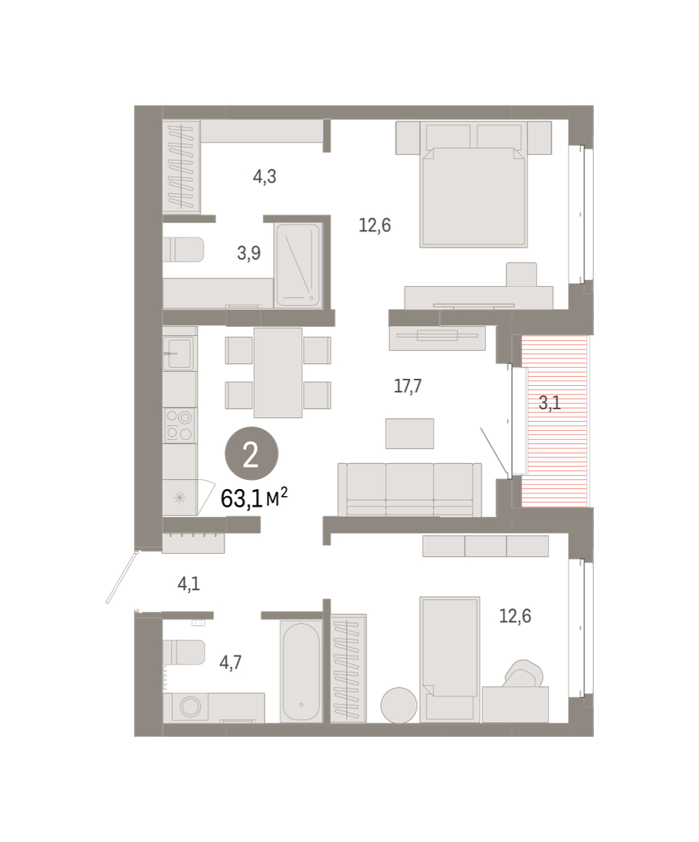 Планировка: Евротрешка 63 м² в ЖК На Минской, Центр: Драмтеатр