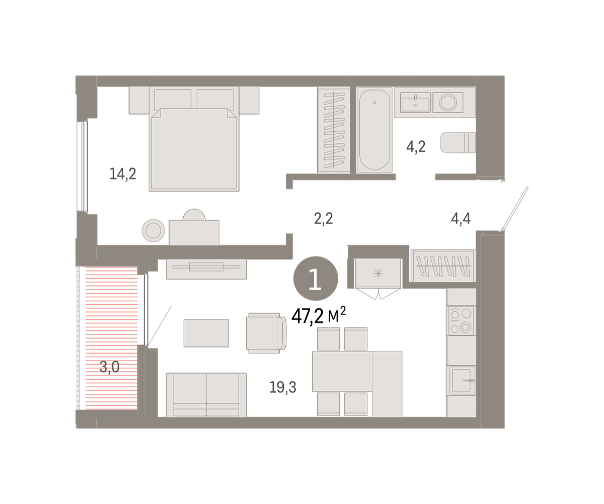 Планировка: Евродвушка 47.2 м² в ЖК Зарека, Заречный