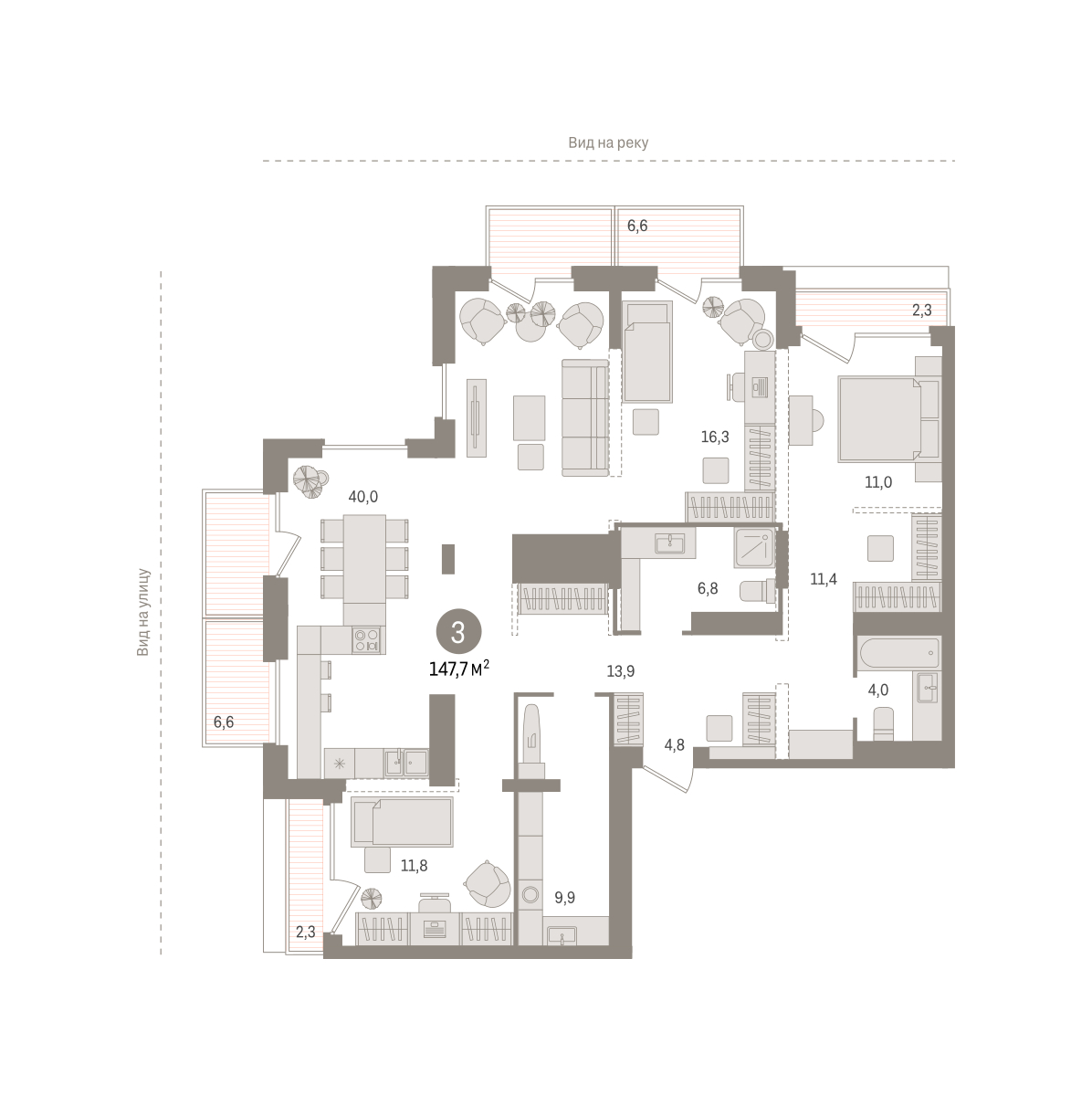 Планировка: 4-комнатная евро 147.7 м² в ЖК Октябрьский на Туре, ДОК