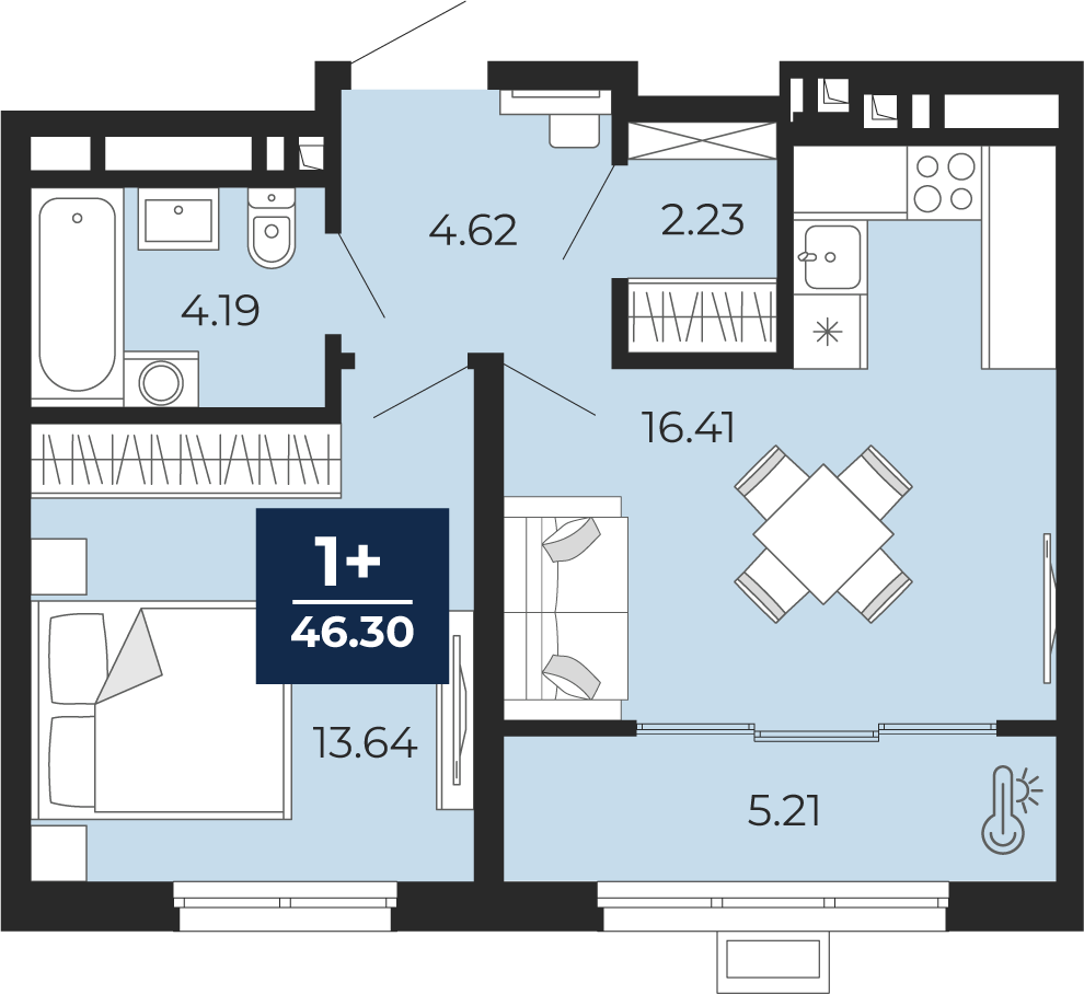 Планировка: Евродвушка 46.3 м² в ЖК Беринг, Лесобаза