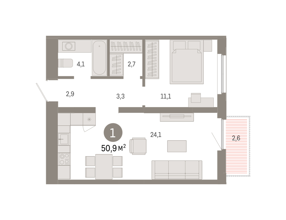 Планировка: Евродвушка 50.9 м² в ЖК Зарека, Заречный