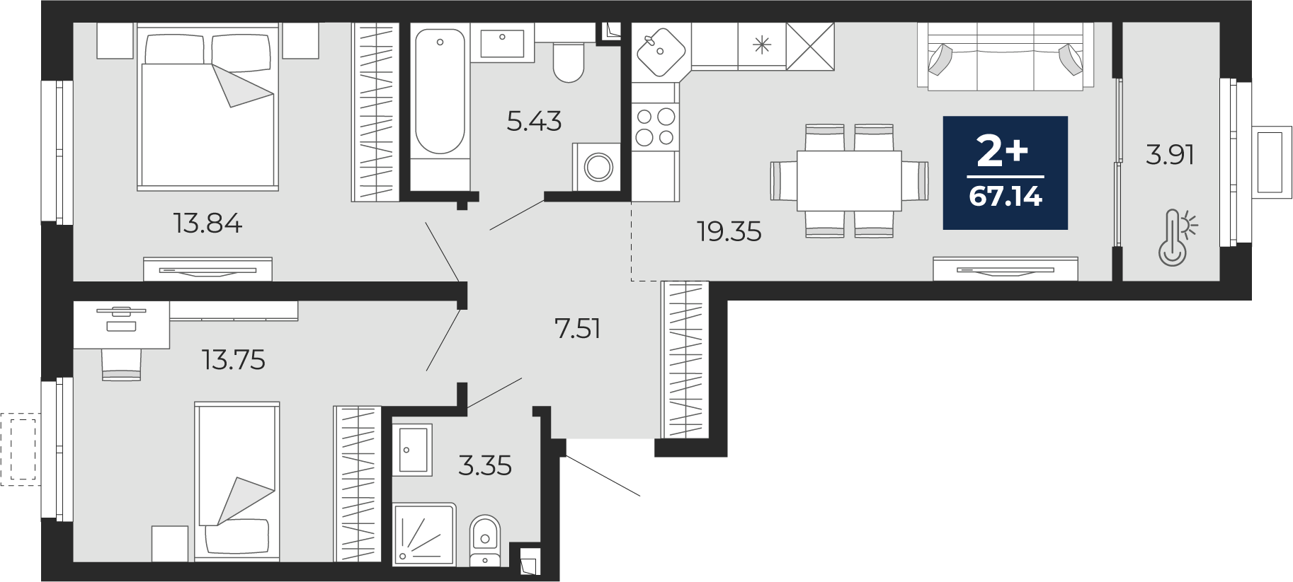 Планировка: Евротрешка 67.1 м² в ЖК Беринг, Лесобаза