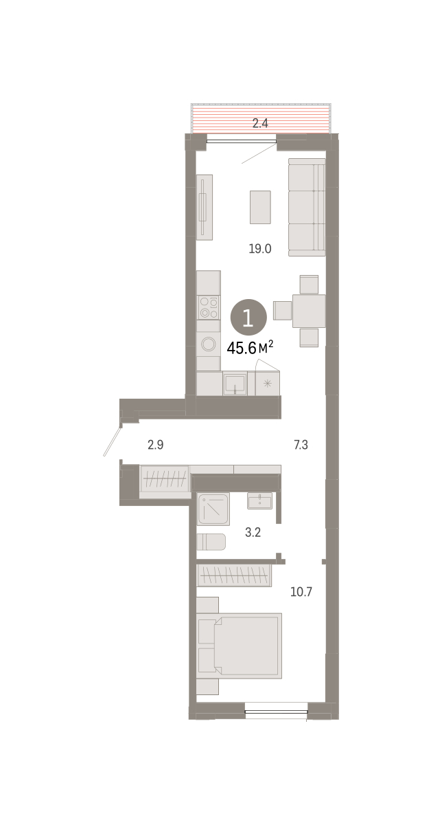 Планировка: Евродвушка 45.6 м² в ЖК Октябрьский на Туре, ДОК