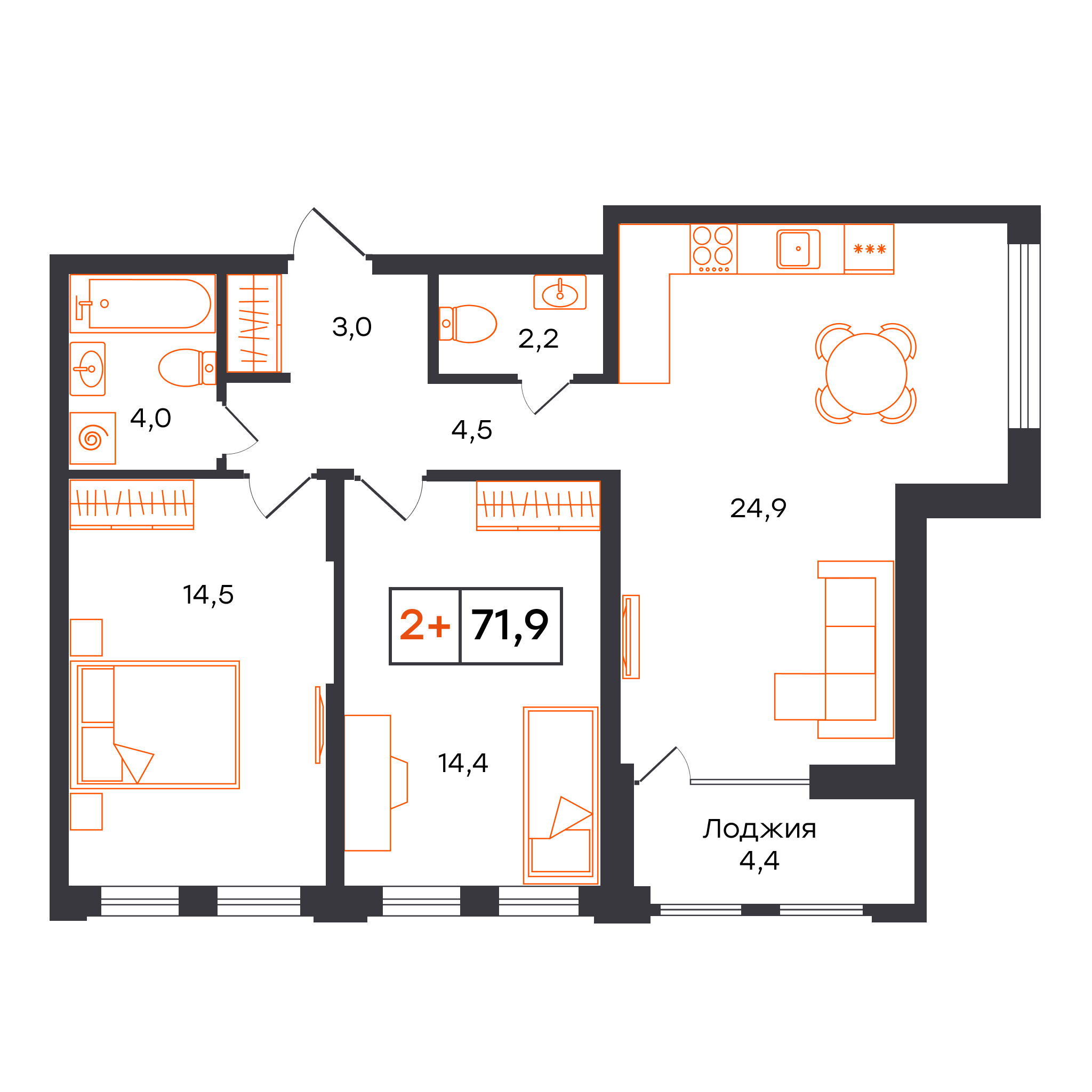 Планировка: Евротрешка 71.9 м² в ЖК Умный квартал UNO, Московский тракт