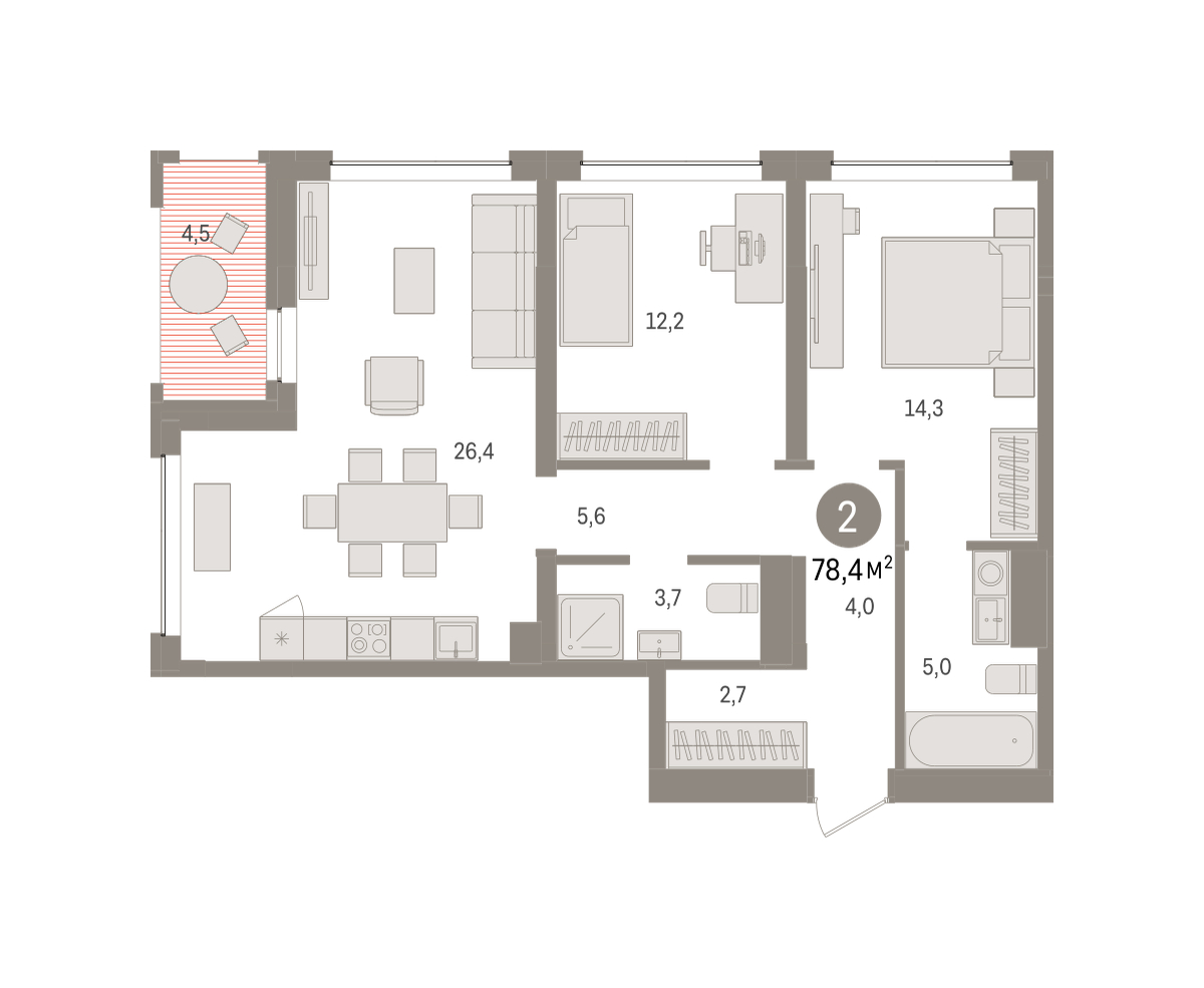 Планировка: Евротрешка 78.4 м² в ЖК Дом у озера, Европейский