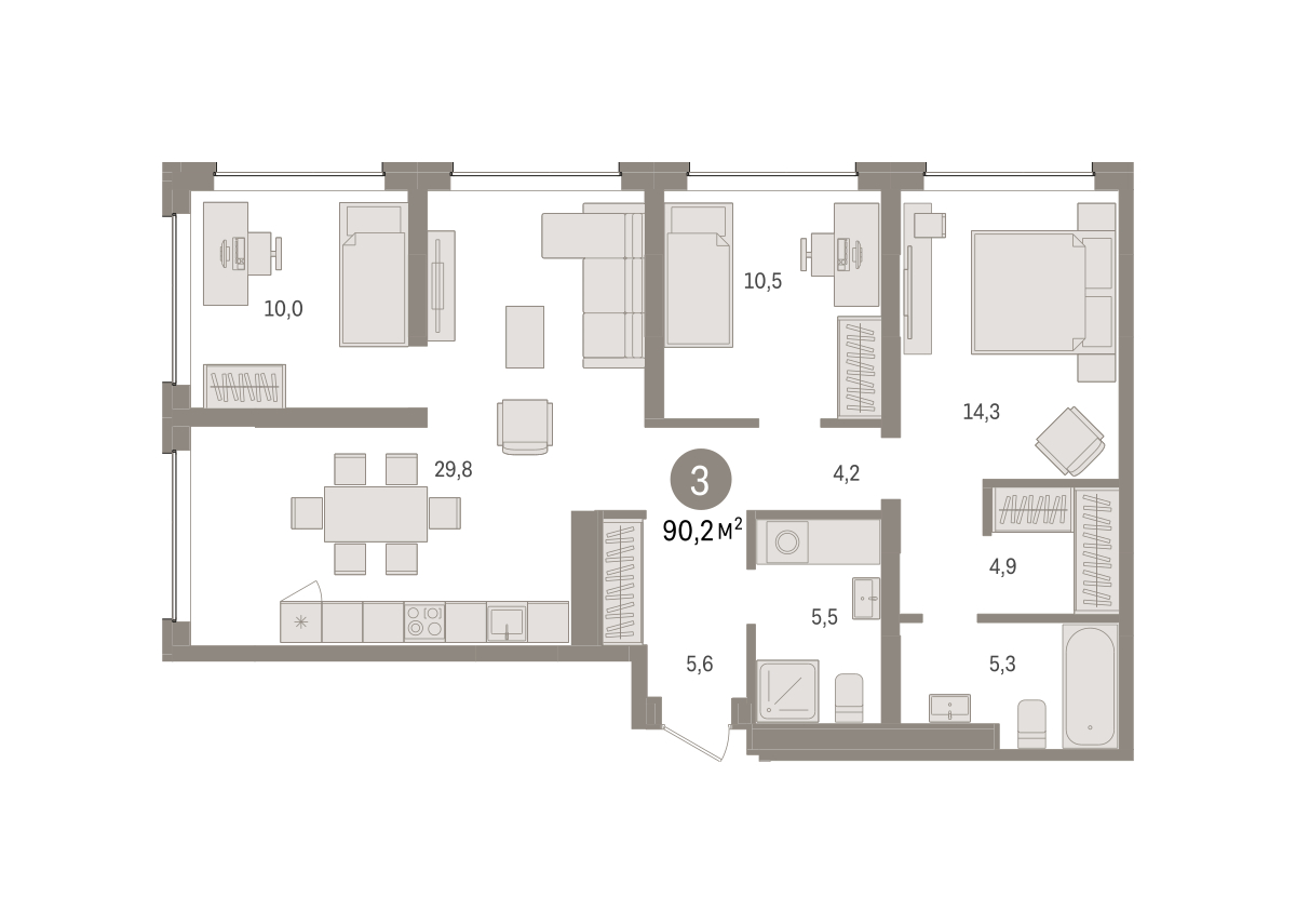Планировка: 4-комнатная евро 90.2 м² в ЖК Дом у озера, Европейский