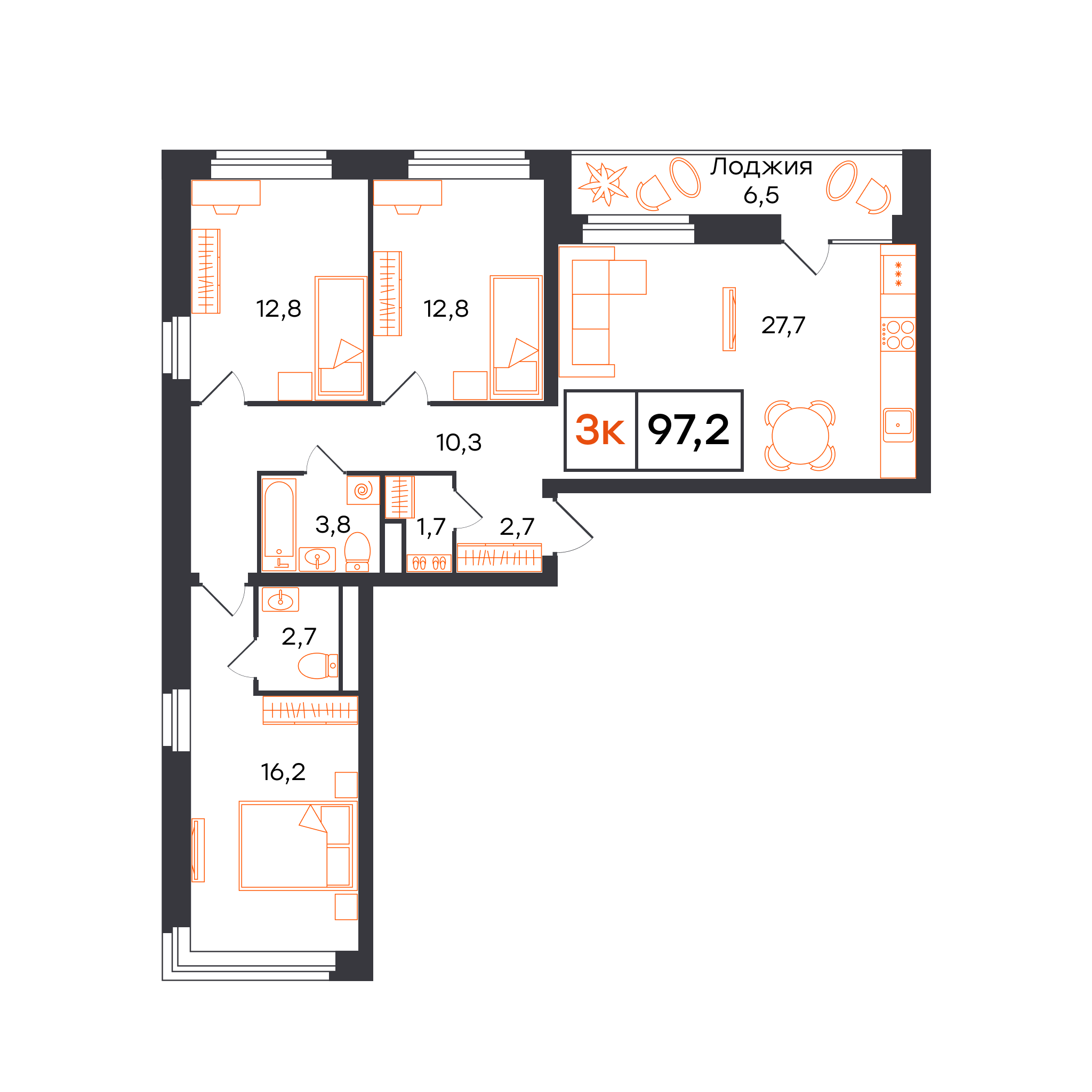 Планировка: 4-комнатная евро 97.2 м² в ЖК Отличие, Комарово Парк