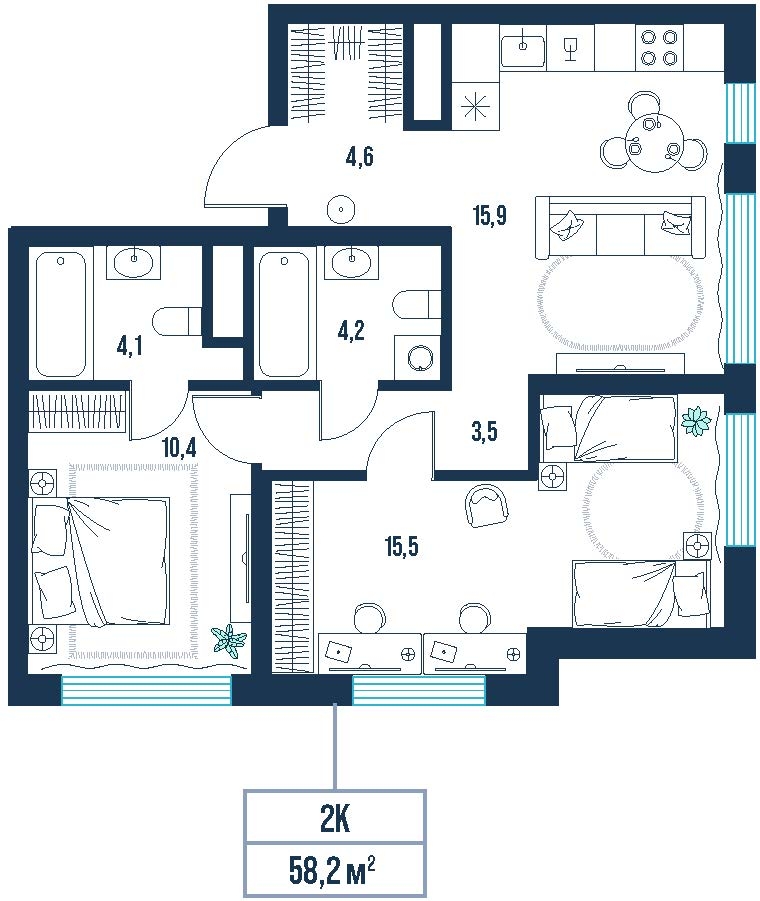 Планировка: Формат уточняется 58.2 м² в ЖК AIRIS, Комарово Парк