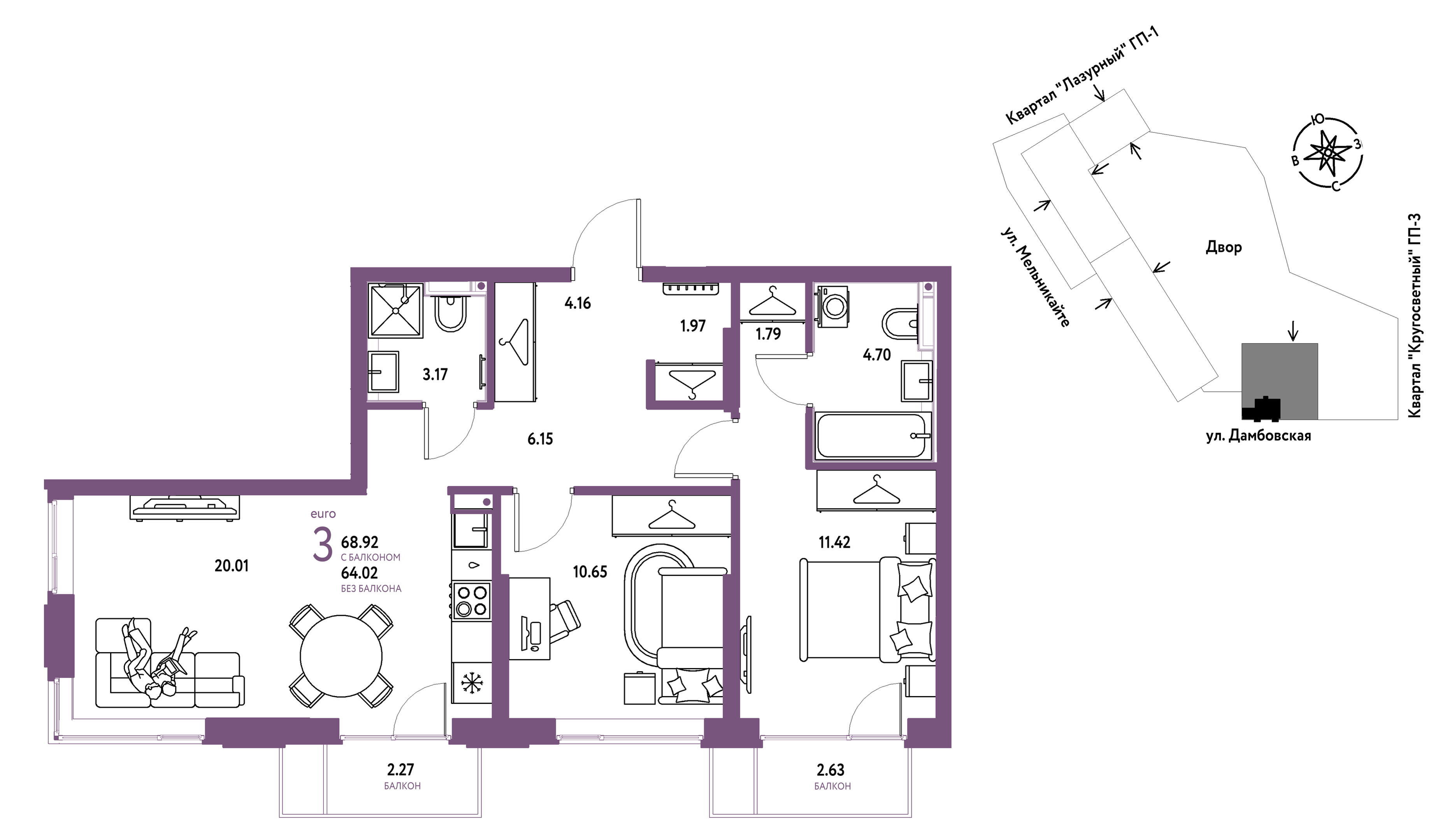 Планировка: Формат уточняется 68.9 м² в ЖК Страна. Прибрежная, Центр: Студгородок