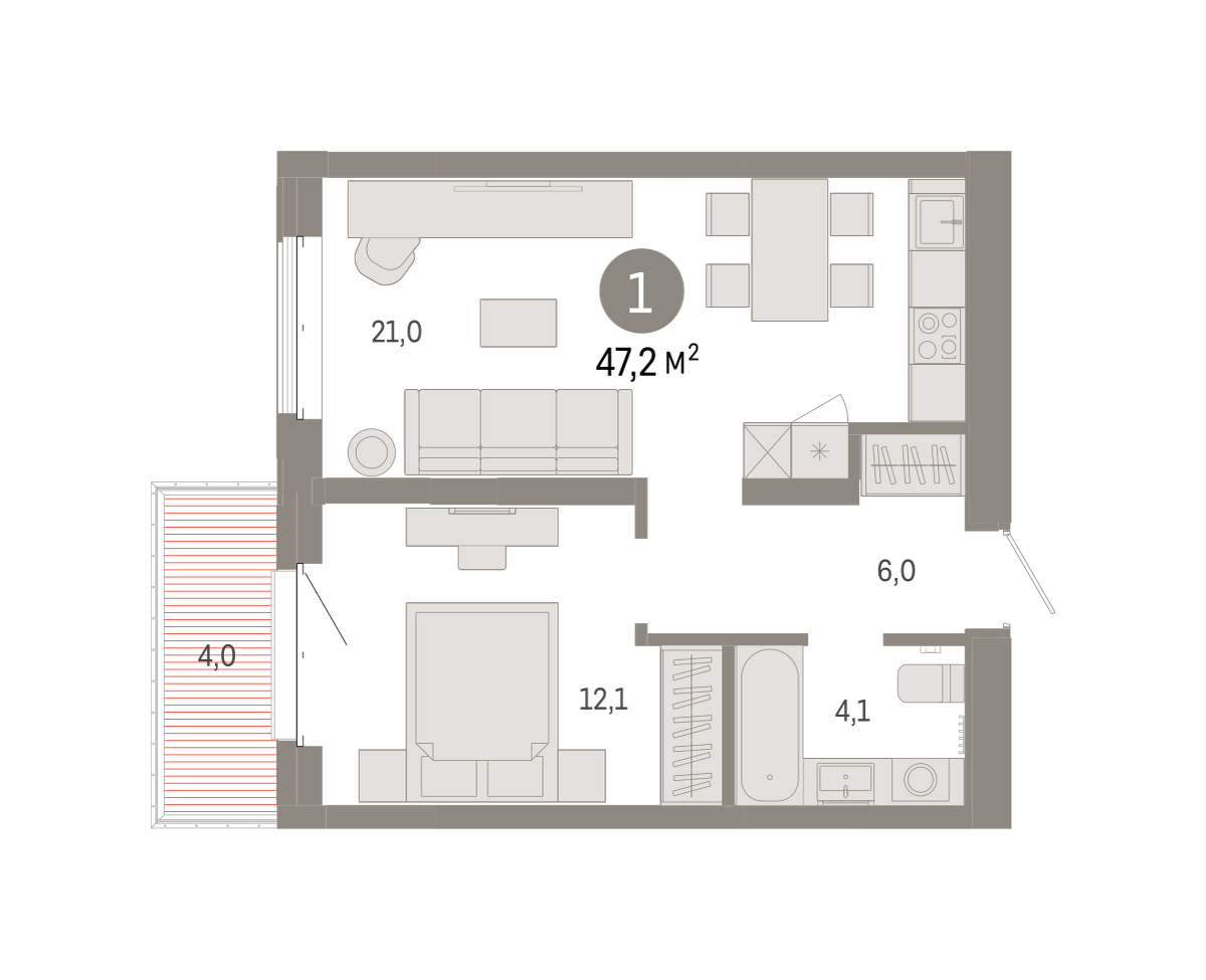 Планировка: Евродвушка 47.2 м² в ЖК На Минской, Центр: Драмтеатр