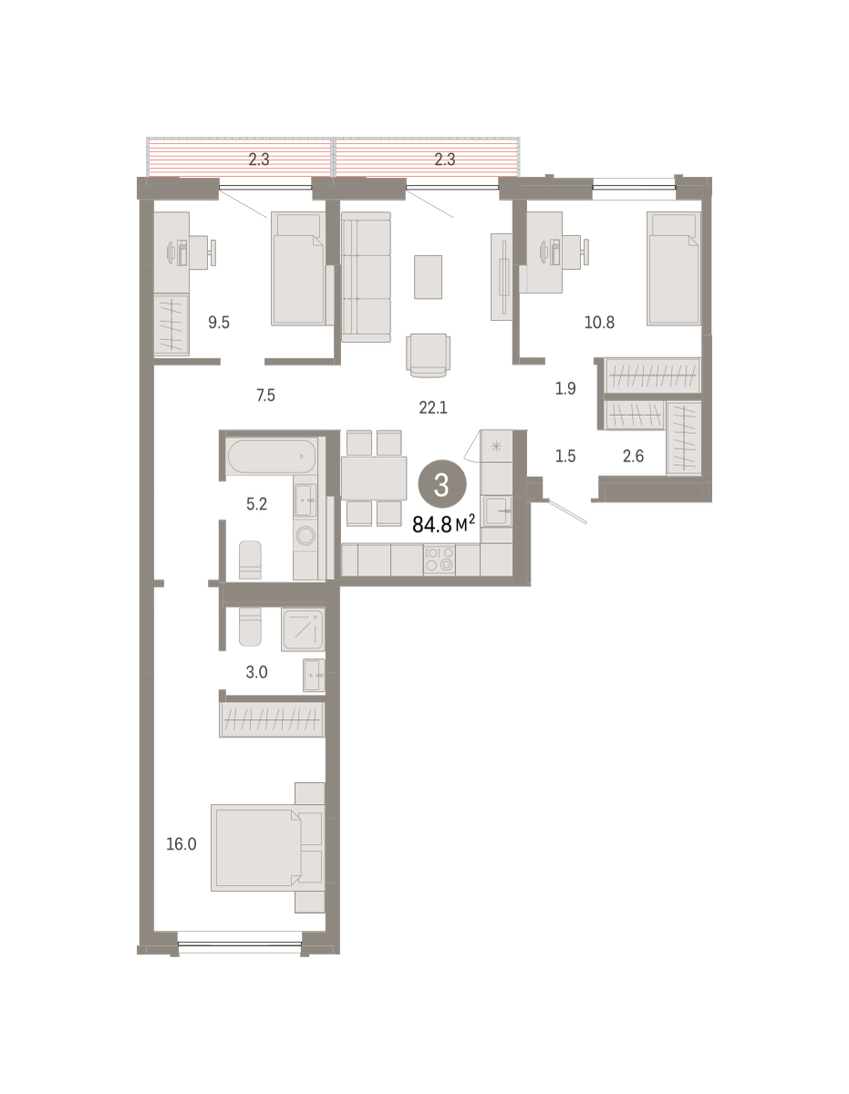 Планировка: 4-комнатная евро 84.8 м² в ЖК Октябрьский на Туре, ДОК