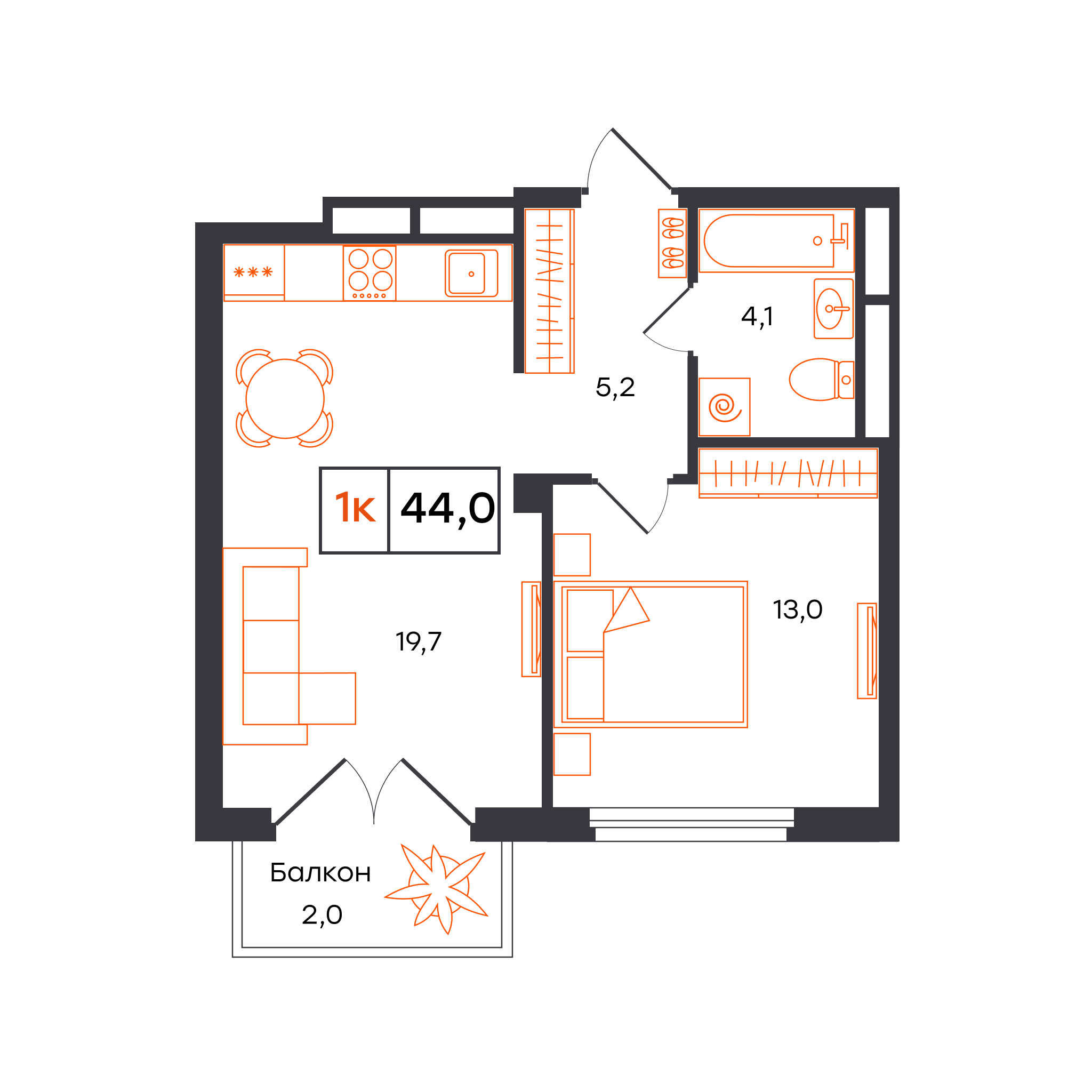 Планировка: Евродвушка 44 м² в ЖК Отличие, Комарово Парк