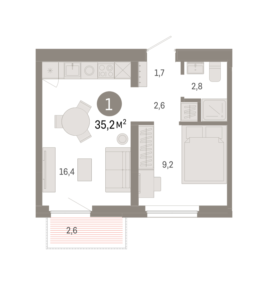 Планировка: Евродвушка 35.2 м² в ЖК Зарека, Заречный