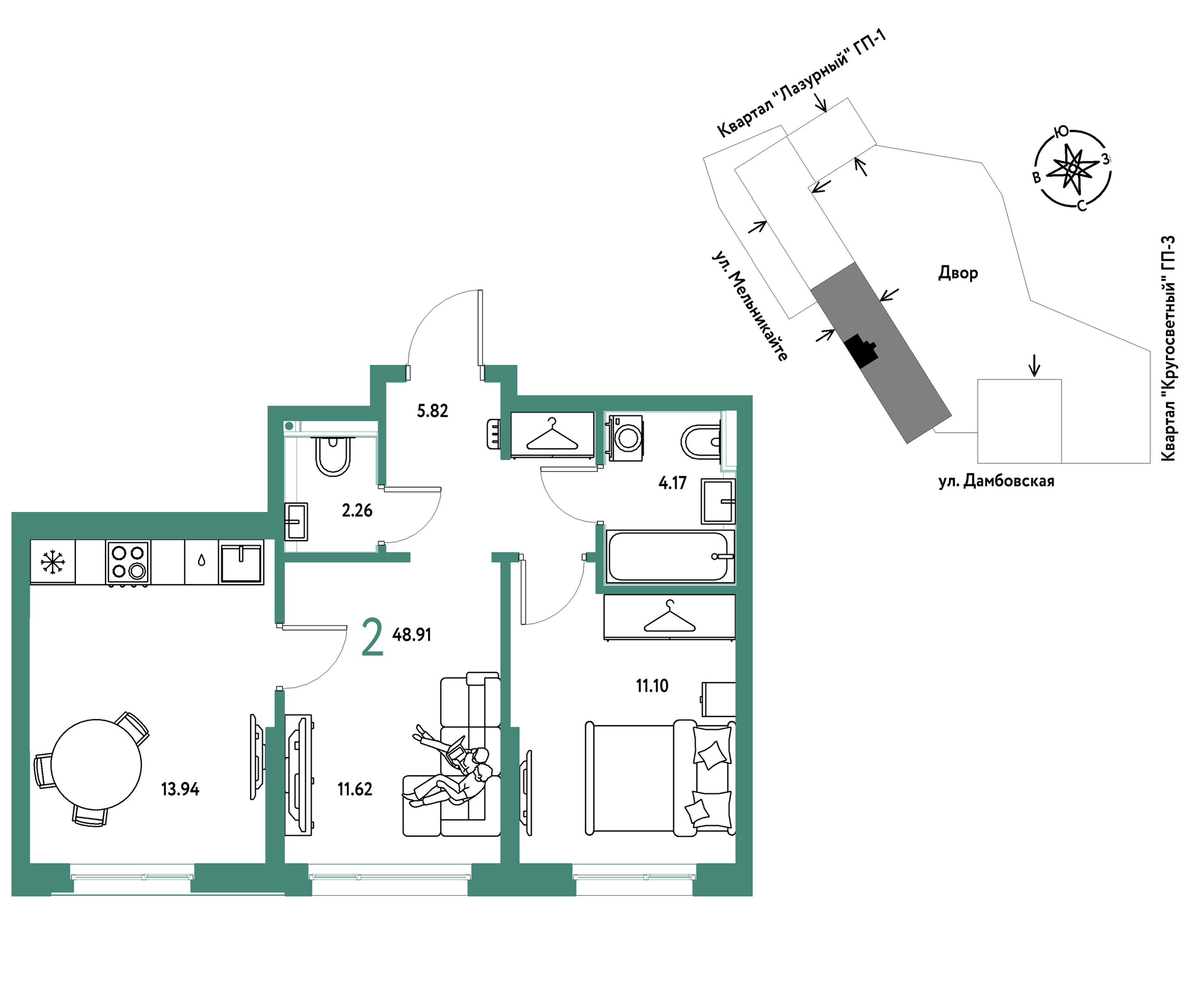 Планировка: Формат уточняется 48.9 м² в ЖК Страна. Прибрежная, Центр: Студгородок