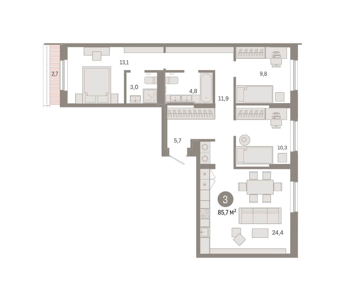 Планировка: 4-комнатная евро 85.7 м² в ЖК Октябрьский на Туре, ДОК
