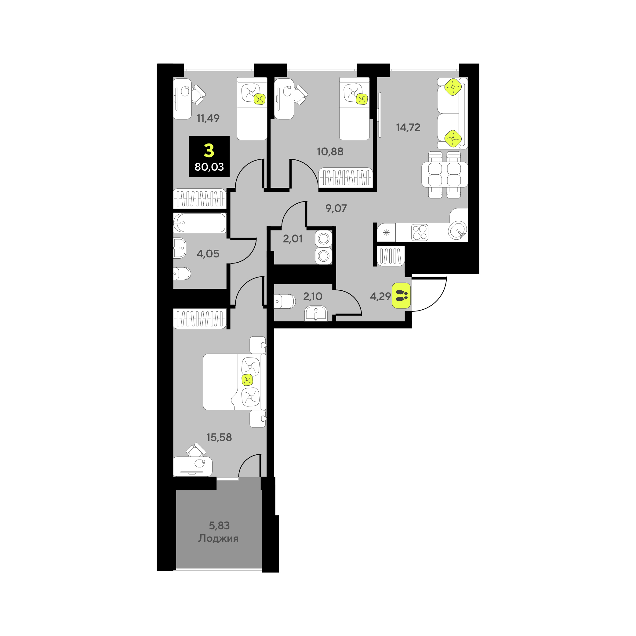 Планировка: 4-комнатная евро 80 м² в ЖК Мотивы, От Плеханова до Южного