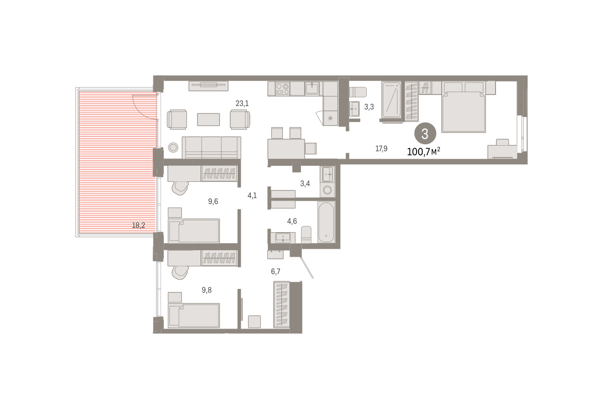 Планировка: 4-комнатная евро 100.7 м² в ЖК Республики 205, Центр: КПД