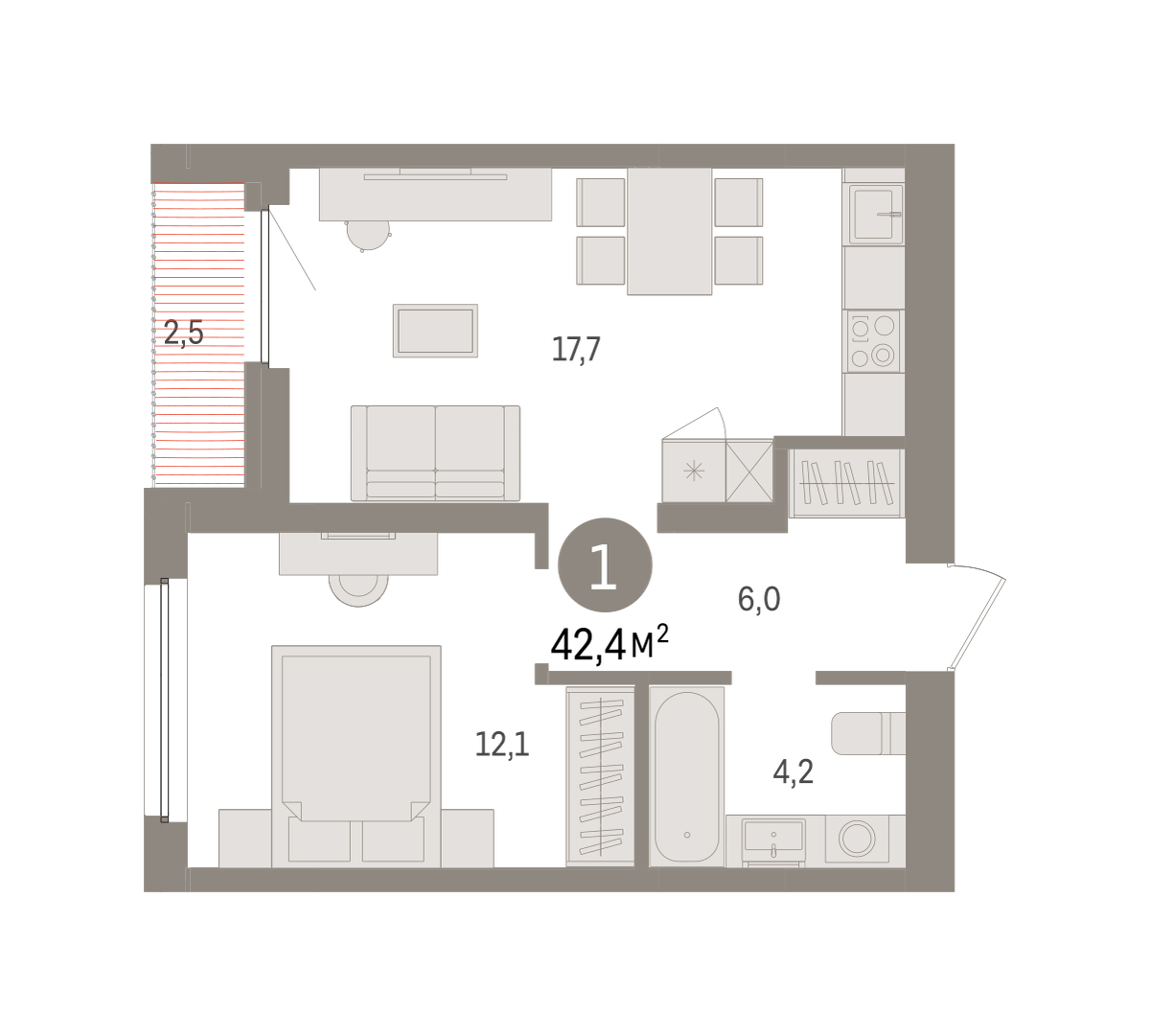 Планировка: Евродвушка 42.4 м² в ЖК Зарека, Заречный