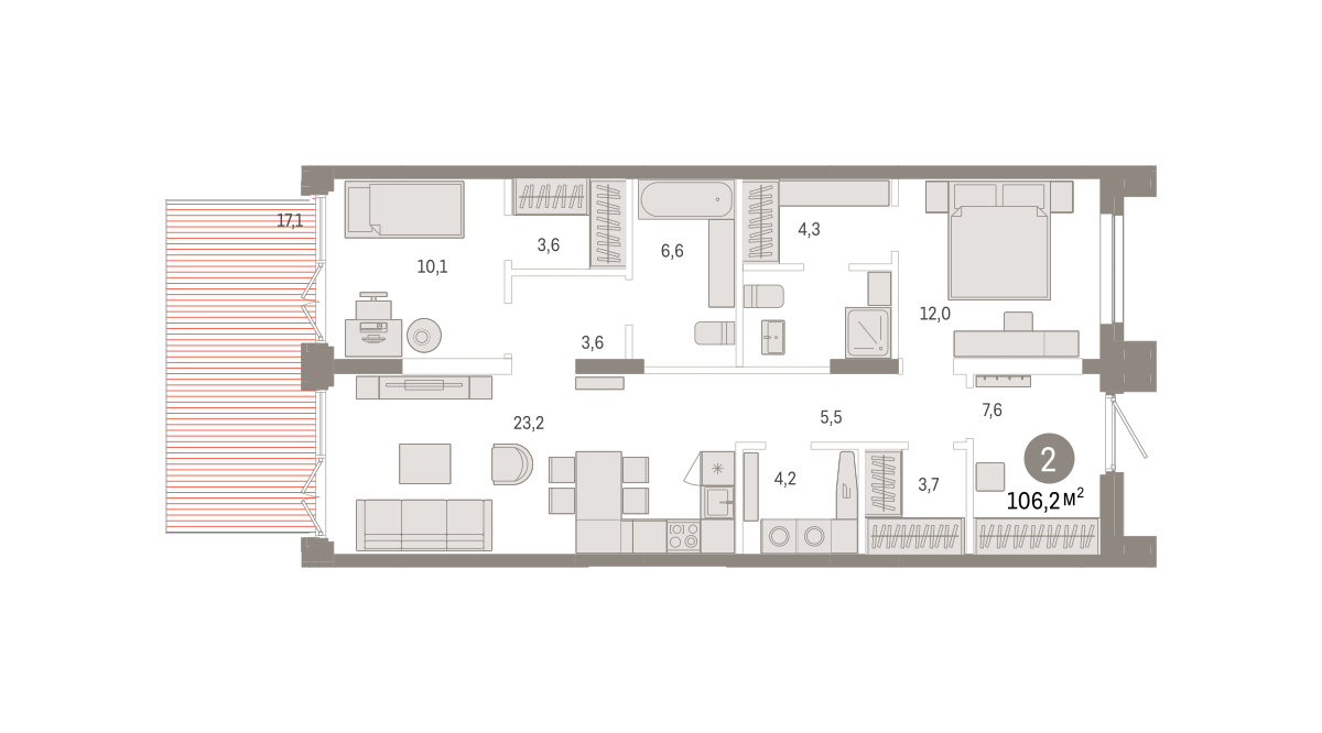 Планировка: Евротрешка 106.2 м² в ЖК Республики 205, Центр: КПД