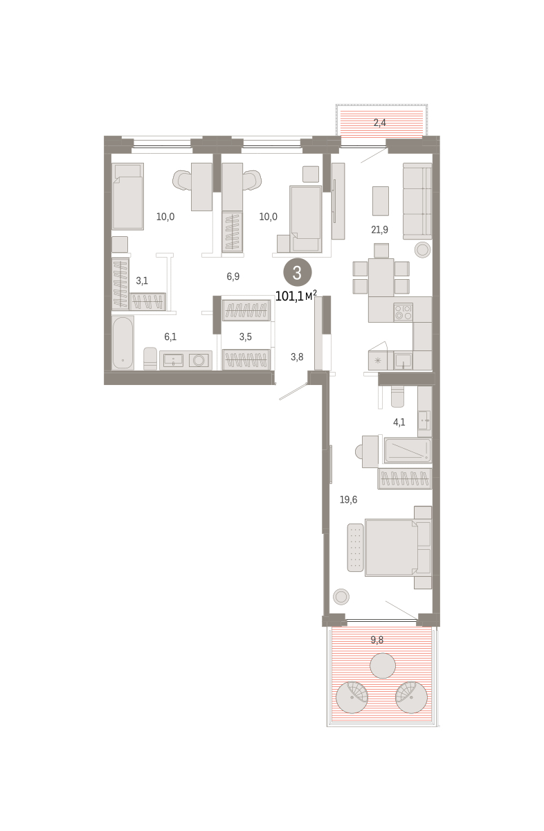 Планировка: 3-комнатная 101.1 м² в ЖК Зарека, Заречный
