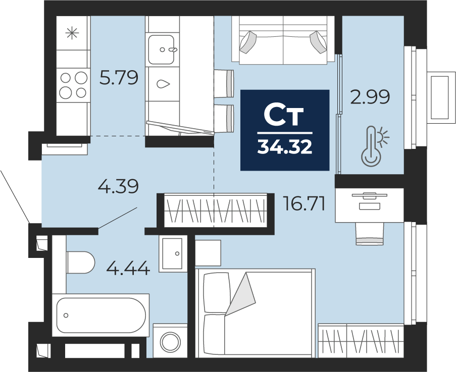 Планировка: Студия 34.3 м² в ЖК Беринг, Лесобаза