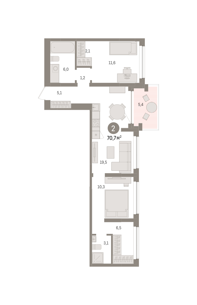 Планировка: Евротрешка 70.7 м² в ЖК Дом у озера, Европейский