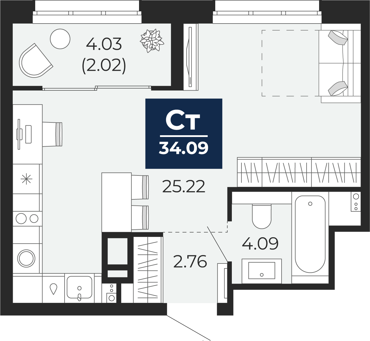 Планировка: Студия 32.1 м² в ЖК Беринг, Лесобаза