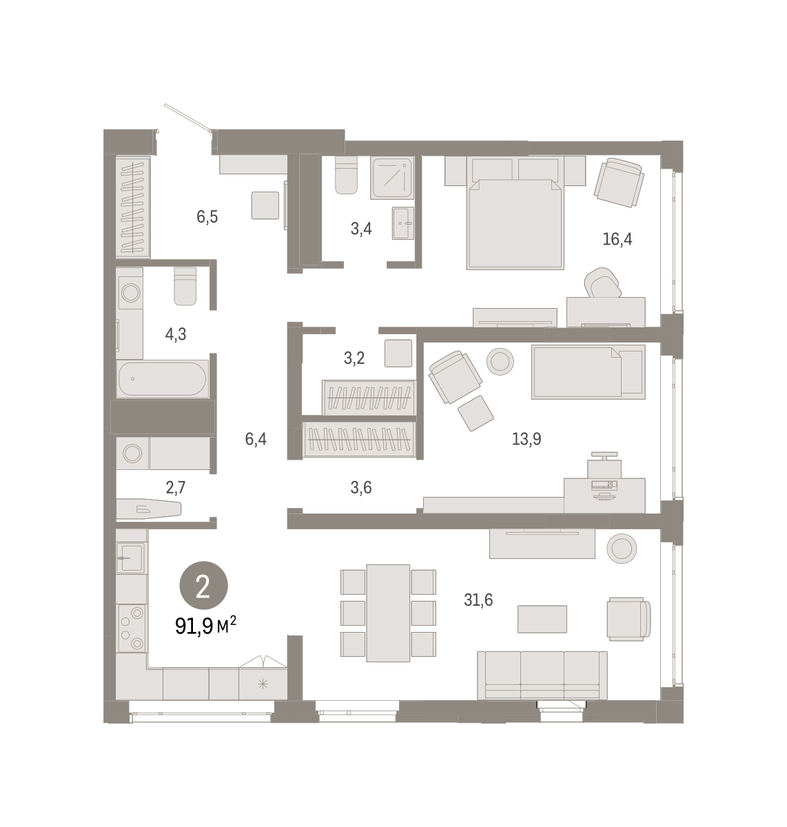 Планировка: Евротрешка 91.9 м² в ЖК Республики 205, Центр: КПД