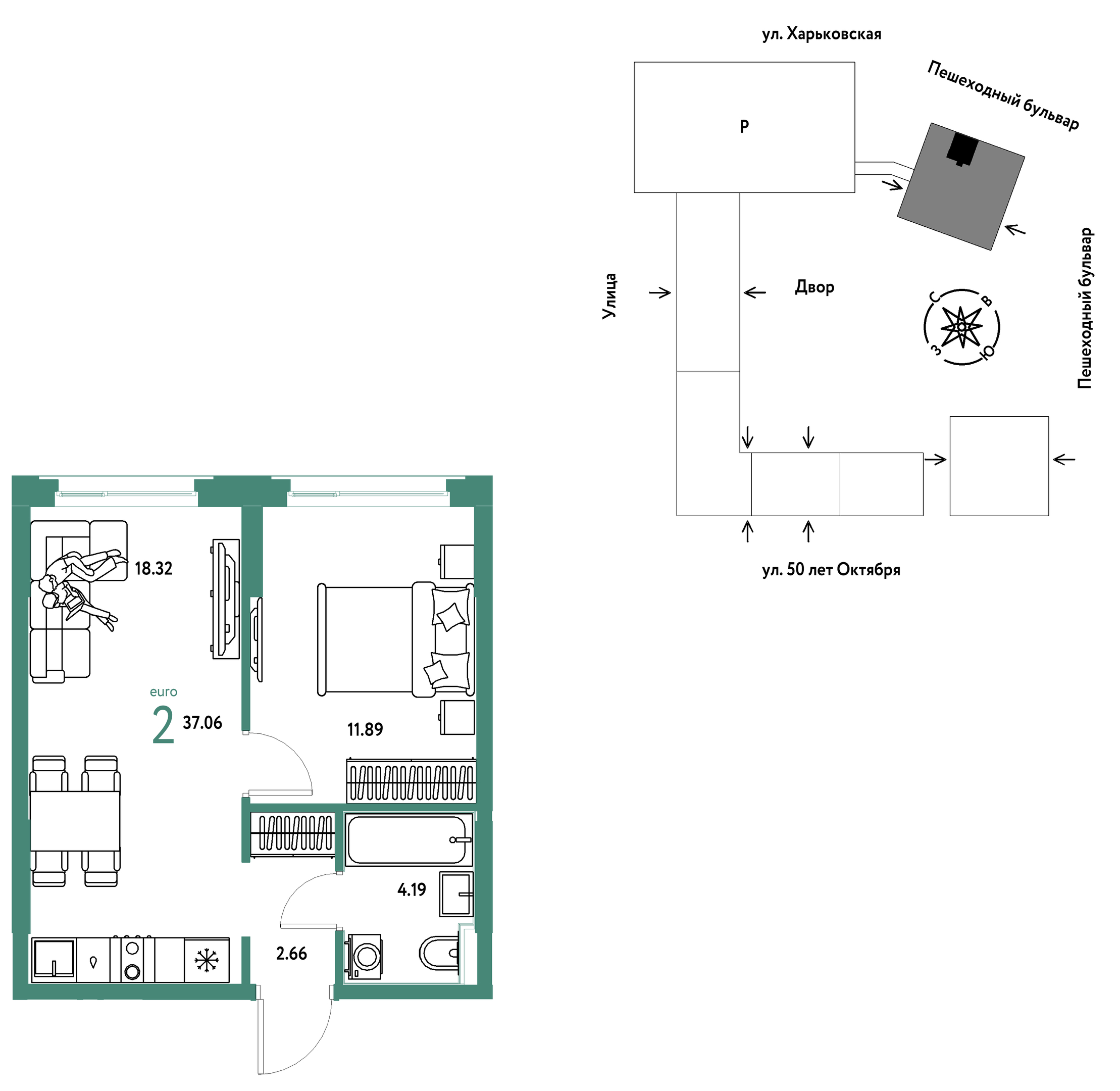 Планировка: 2-комнатная 37.1 м² в ЖК Сердце Сибири, Центр: КПД