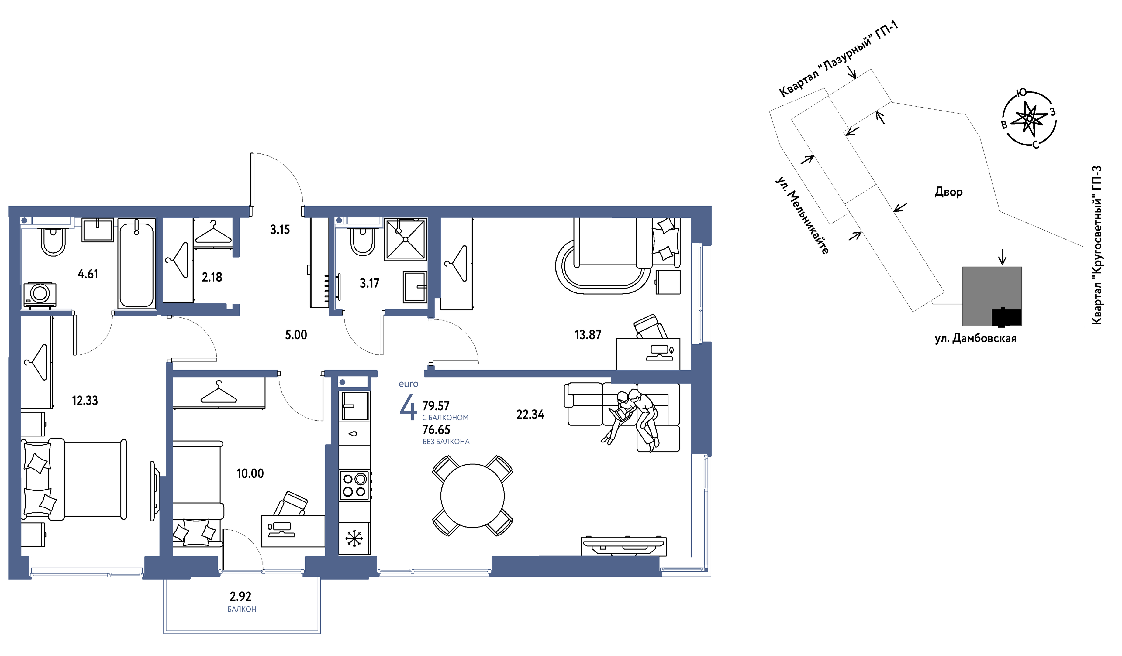 Планировка: Формат уточняется 79.6 м² в ЖК Страна. Прибрежная, Центр: Студгородок