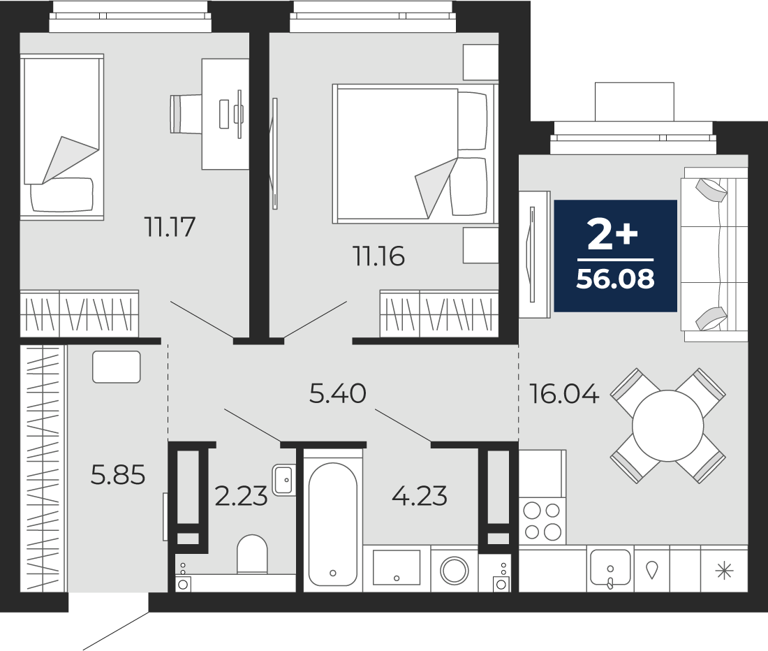 Планировка: Евротрешка 56.1 м² в ЖК Прео, Тюменская слобода