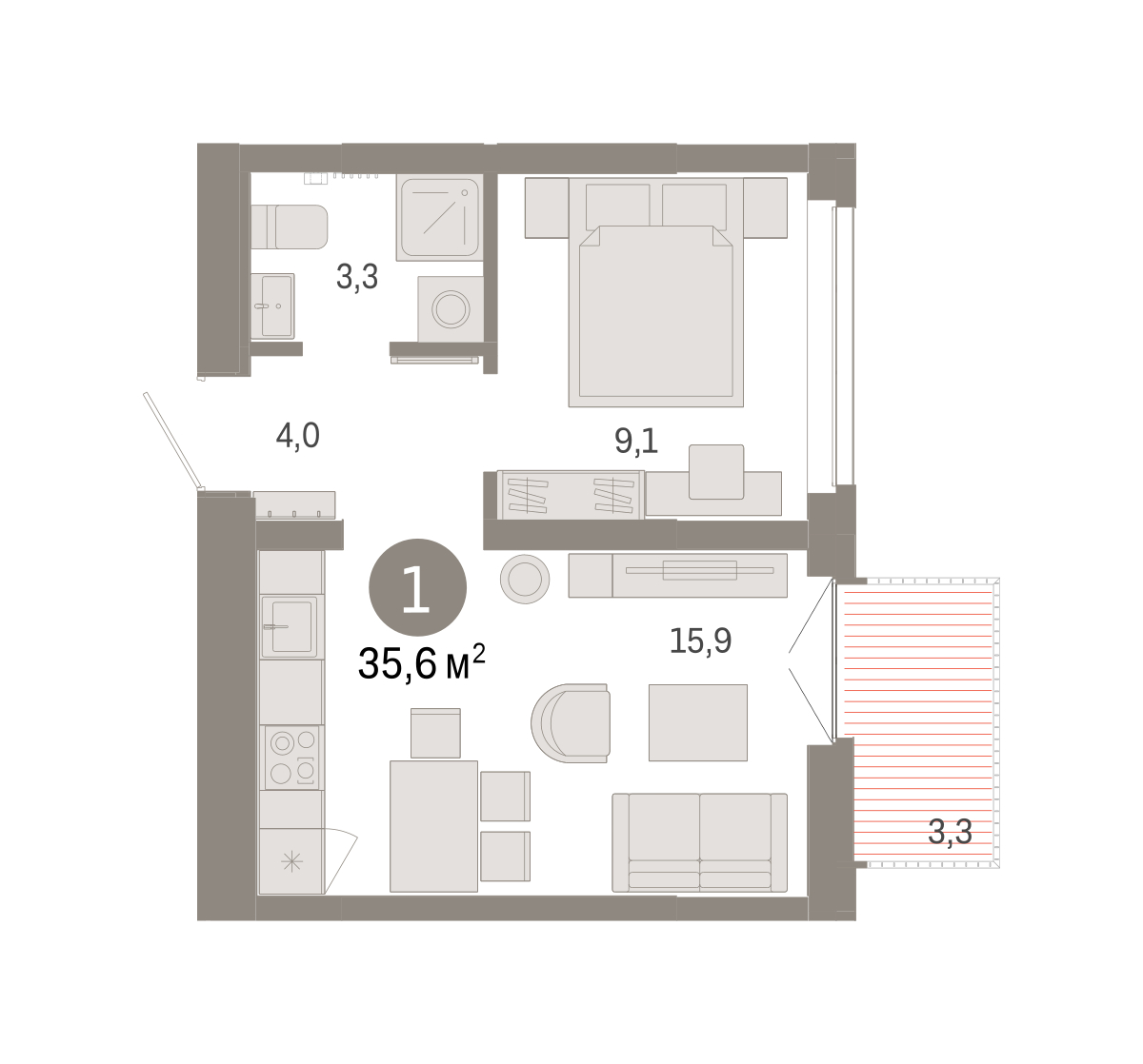 Планировка: Евродвушка 35.6 м² в ЖК Республики 205, Центр: КПД