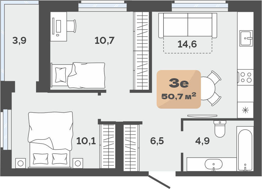 Планировка: Евротрешка 48.8 м² в ЖК Баланс, Воровского
