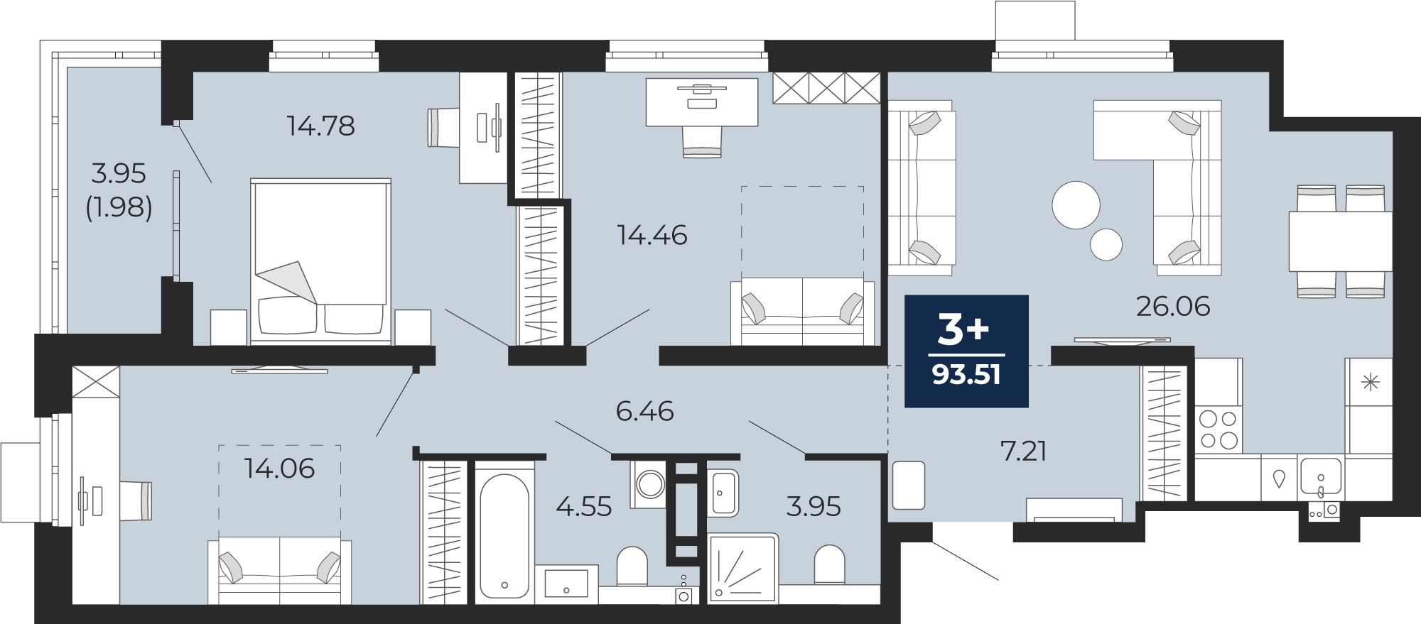 Планировка: Формат уточняется 91.5 м² в ЖК Прео, Тюменская слобода