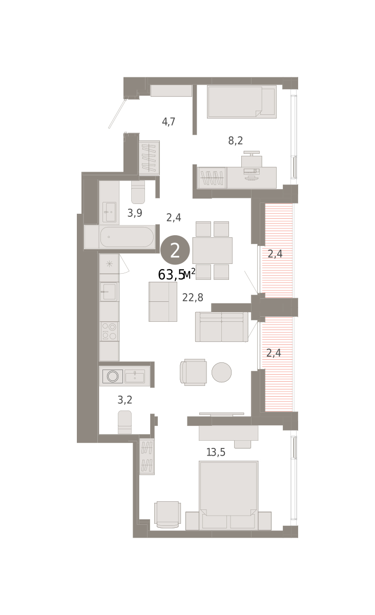 Планировка: Евротрешка 63.5 м² в ЖК Зарека, Заречный