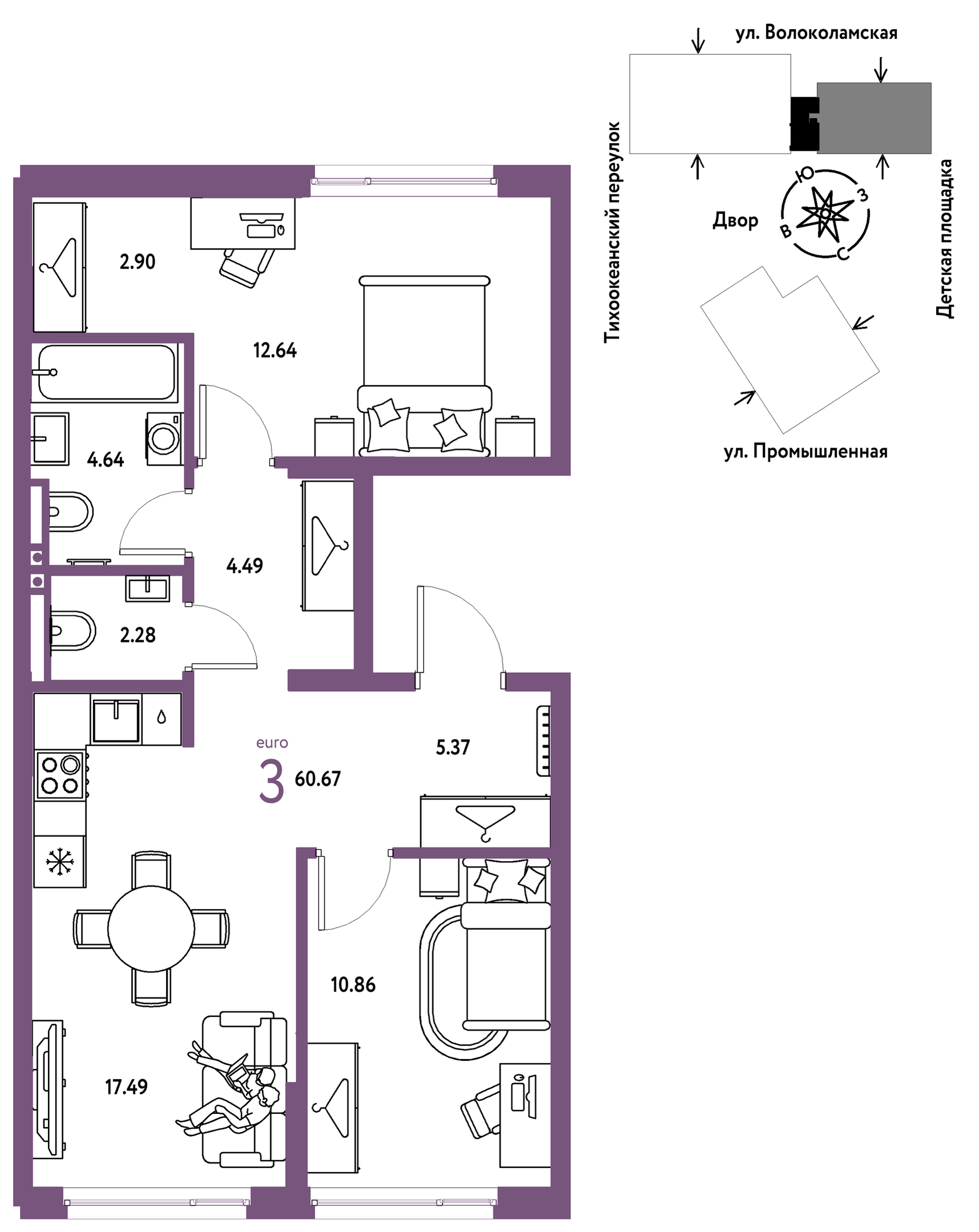 Планировка: Формат уточняется 60.7 м² в ЖК Страна. Прибрежная, Центр: Студгородок