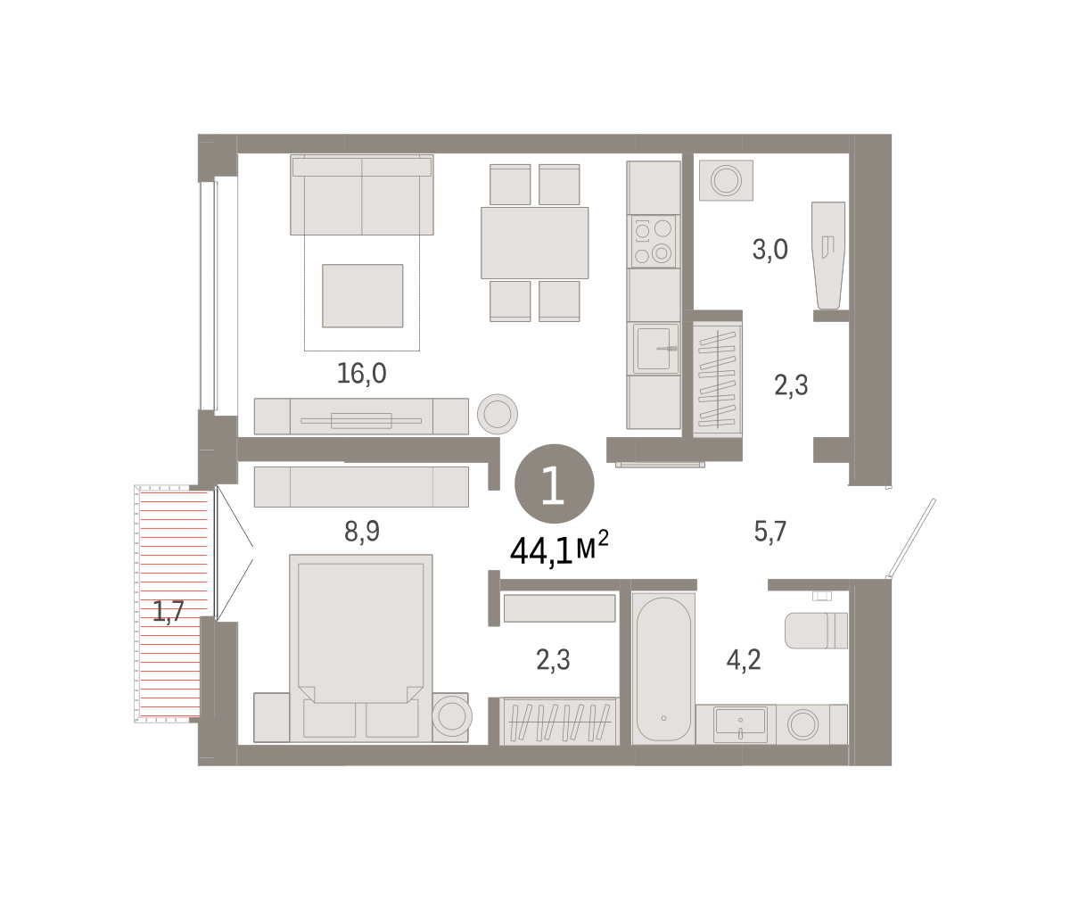Планировка: Евродвушка 44.1 м² в ЖК Республики 205, Центр: КПД