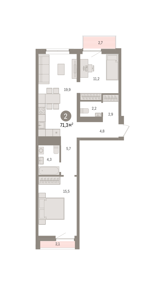 Планировка: 2-комнатная 71.3 м² в ЖК Речной порт, Центр: Дом печати