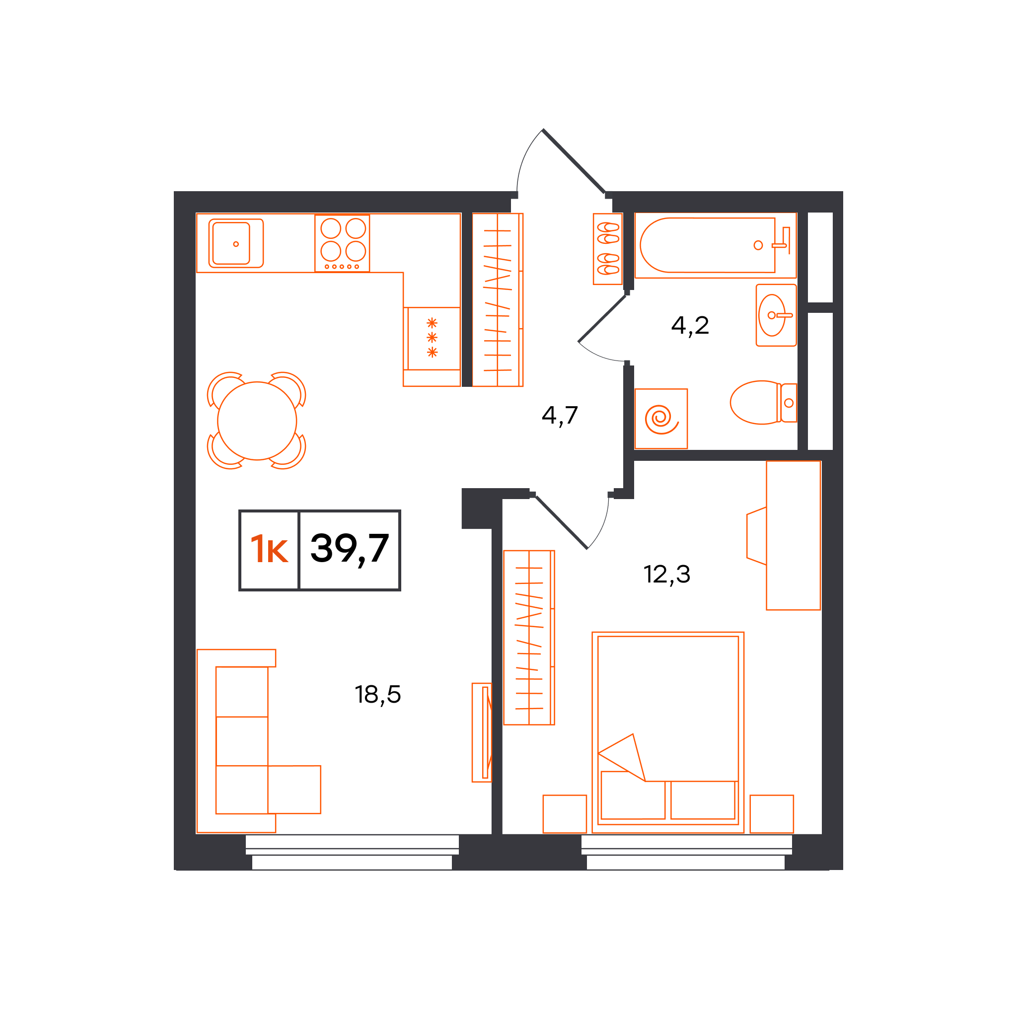 Планировка: Евродвушка 39.7 м² в ЖК Отличие, Комарово Парк