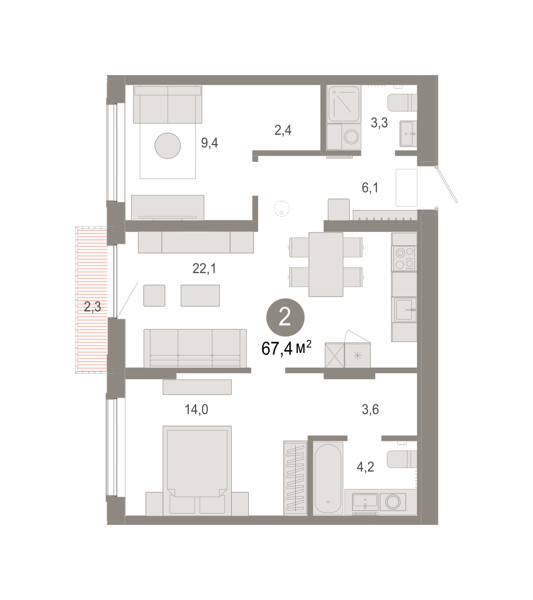 Планировка: Евротрешка 67.4 м² в ЖК Октябрьский на Туре, ДОК